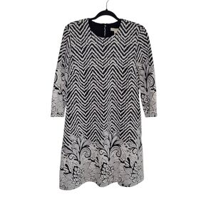 Prelude Women's Black & White Knit Chevron Floral Fit & Flare Dress Size L